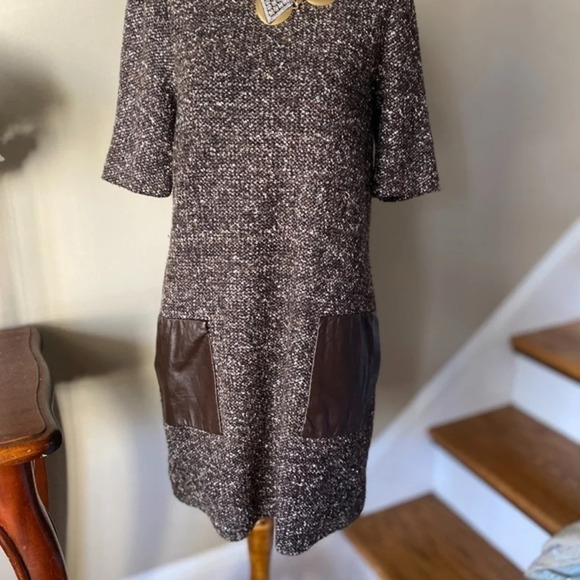 Tibi Wool Brown Tweed Wool & Leather Shift Dress - Picture 6 of 8